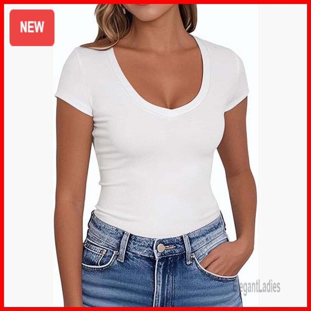 Slim Fit V-Neck Tee, Stretchy Rayon Blend, Casual Summer Top